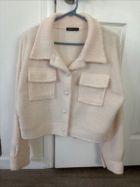 SHEIN Cream Plush Teddy Button-Front Jacket
